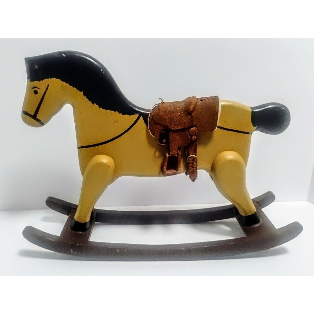 VINTAGE HANDPAINTED 14” MINIATURE WOODEN ROCKING HORSE W LEATHER SADDLE
